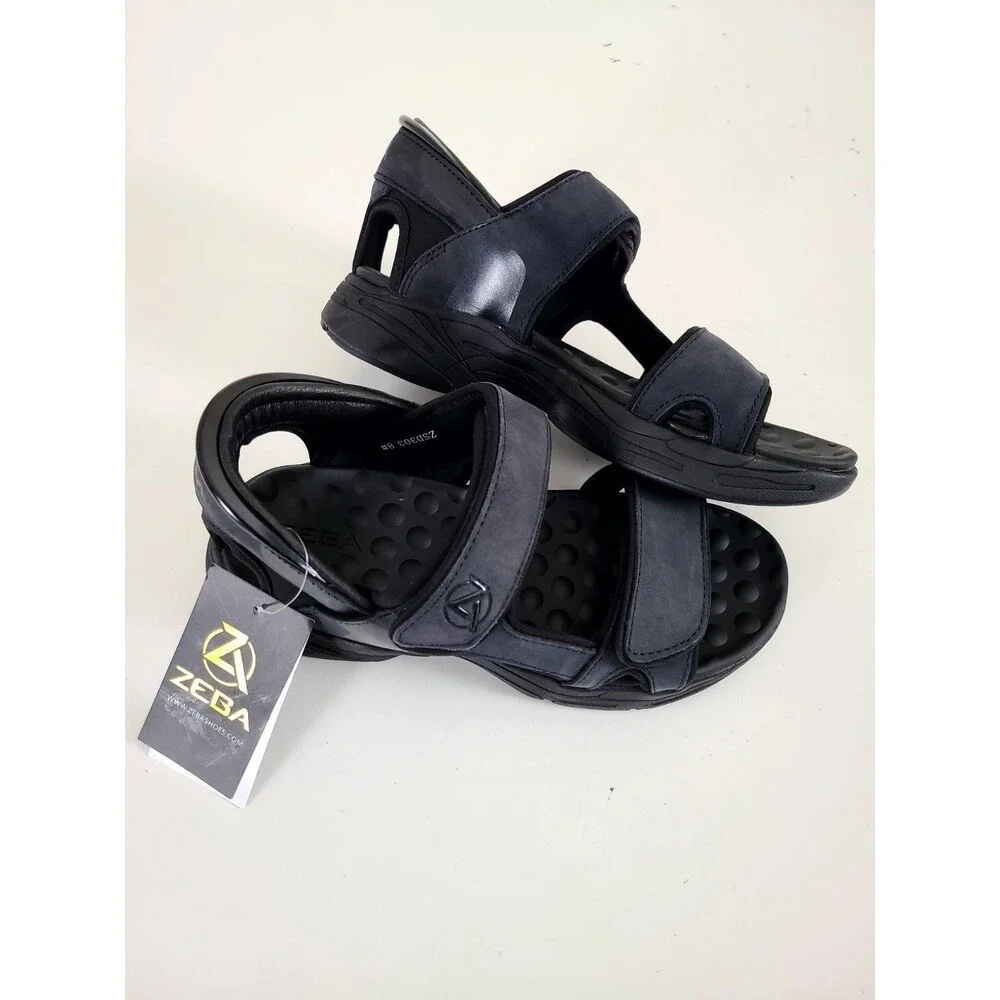 NEW! Zeba Mens Black Leather Easy Slip Sandals Shoes Size 8 Handsfree